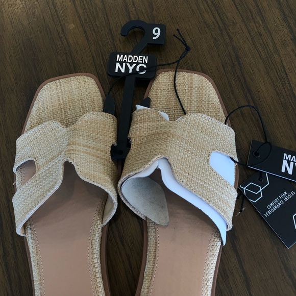 🔴 4/$15 Madden NYC Women's Tan Beige Raffia Open Toe Slides Sandals size 9 NWT - Picture 9 of 14